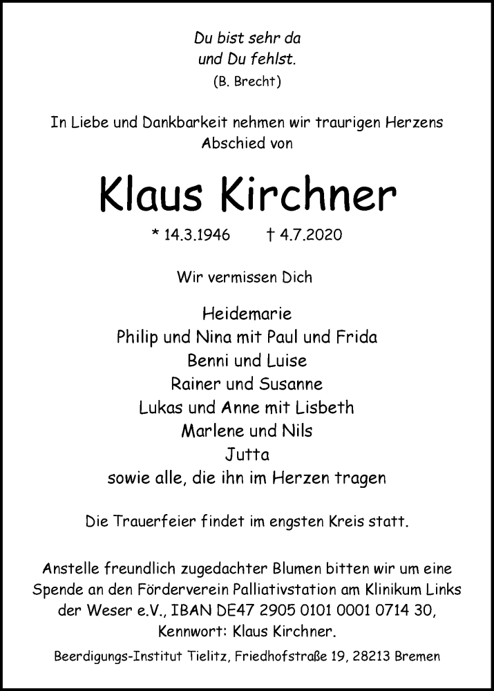  Traueranzeige für Klaus Kirchner vom 11.07.2020 aus WESER-KURIER