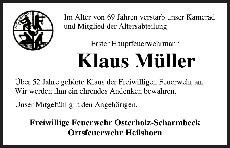 Traueranzeige für Klaus Müller vom 30.07.2020 aus Osterholzer Kreisblatt