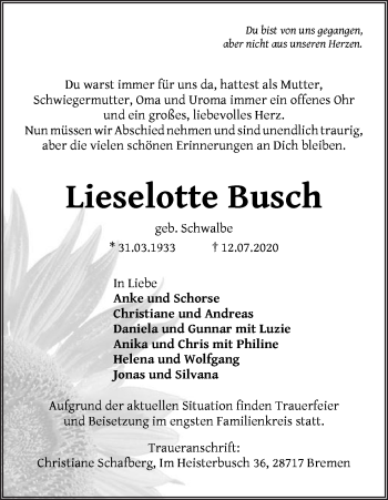 Traueranzeige von Lieselotte Busch