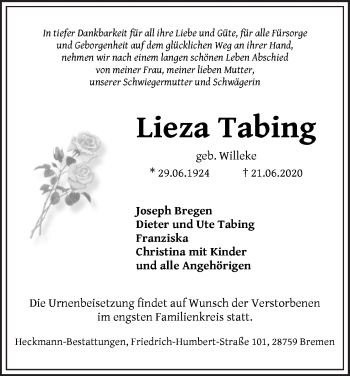 Traueranzeige von Lieza Tabing