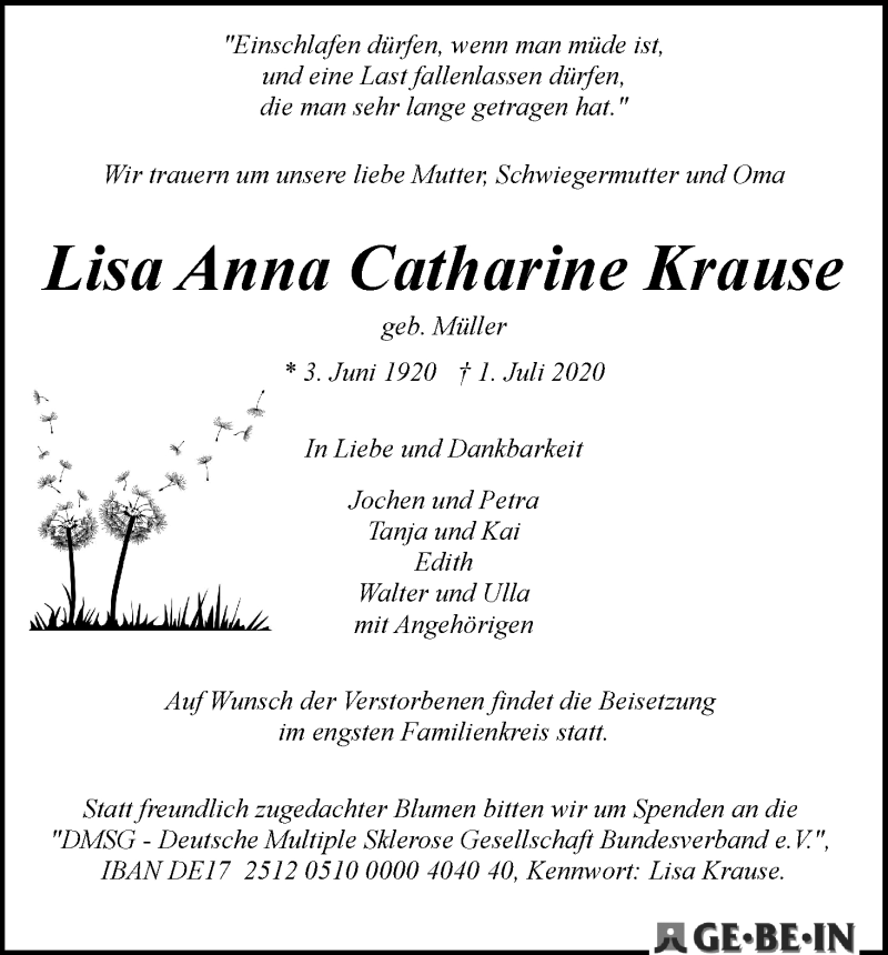 Traueranzeige von Lisa Anna Catharine  Krause von Die Norddeutsche