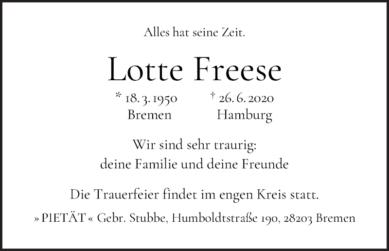 Traueranzeige von Lotte Freese von WESER-KURIER