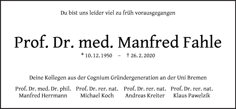  Traueranzeige für Manfred Fahle vom 02.07.2020 aus WESER-KURIER