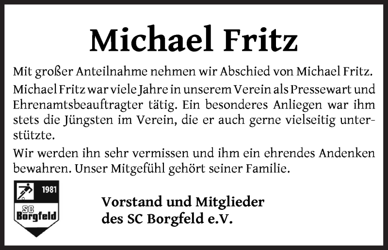 Traueranzeige von Michael Fritz von WESER-KURIER
