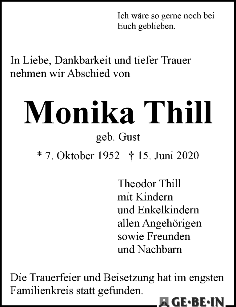 Traueranzeige von Monika Thill von Die Norddeutsche
