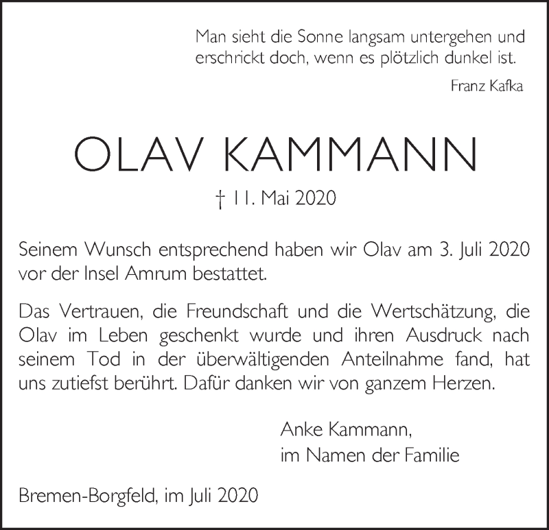  Traueranzeige für Olav Kammann vom 04.07.2020 aus WESER-KURIER