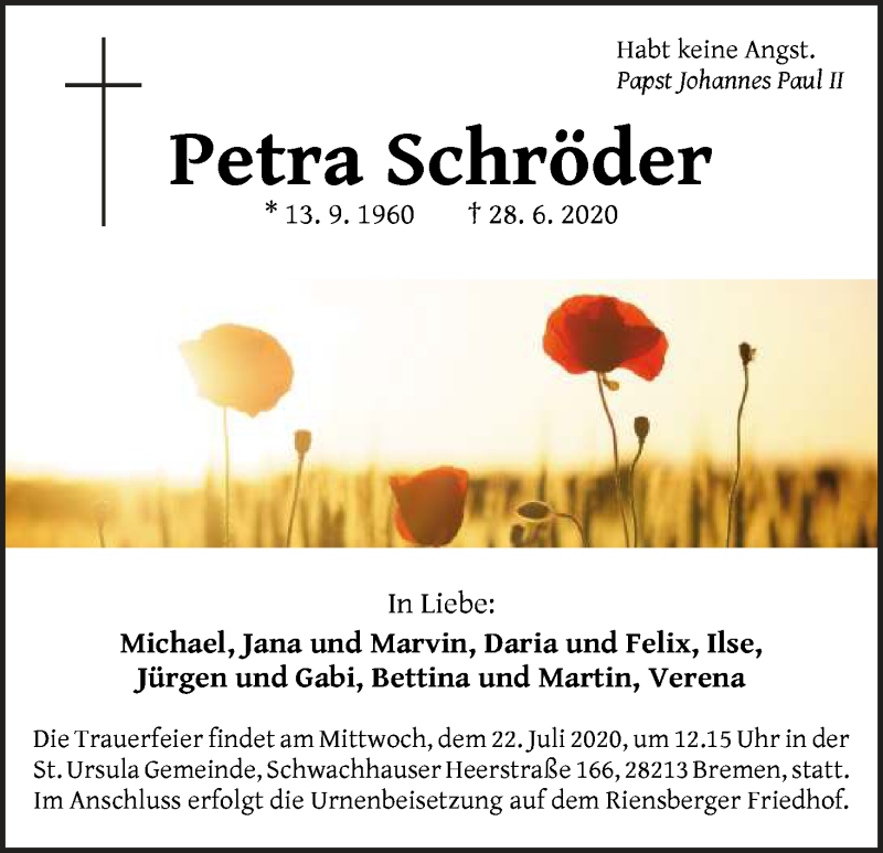  Traueranzeige für Petra Schröder vom 11.07.2020 aus WESER-KURIER