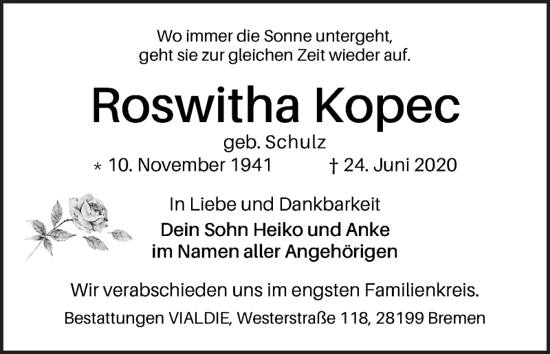 Traueranzeige von Roswitha Kopec von WESER-KURIER