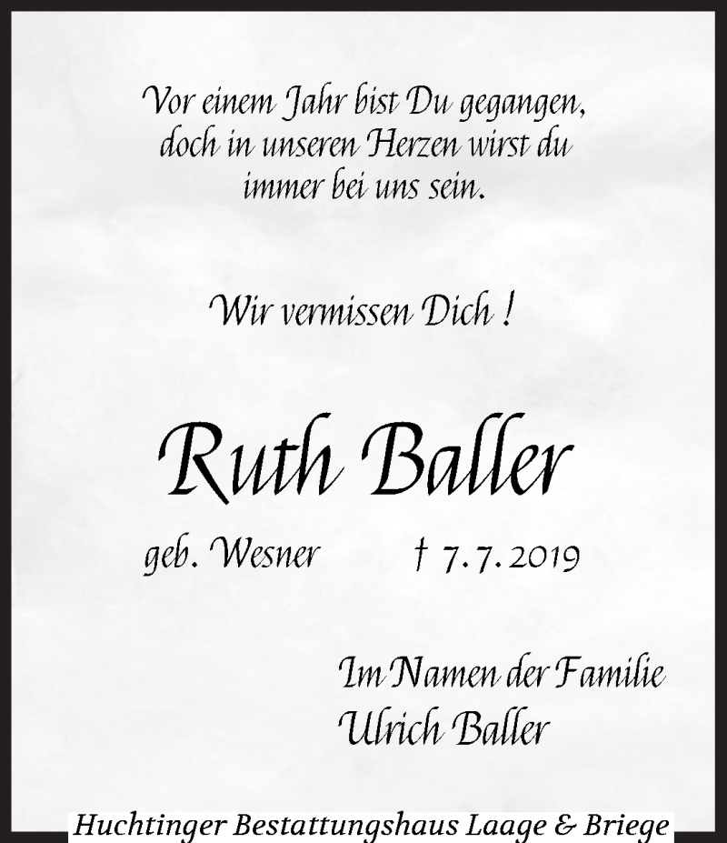  Traueranzeige für Ruth Baller vom 07.07.2020 aus WESER-KURIER