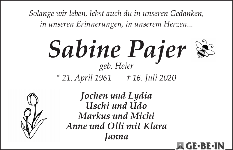  Traueranzeige für Sabine Pajer vom 25.07.2020 aus WESER-KURIER