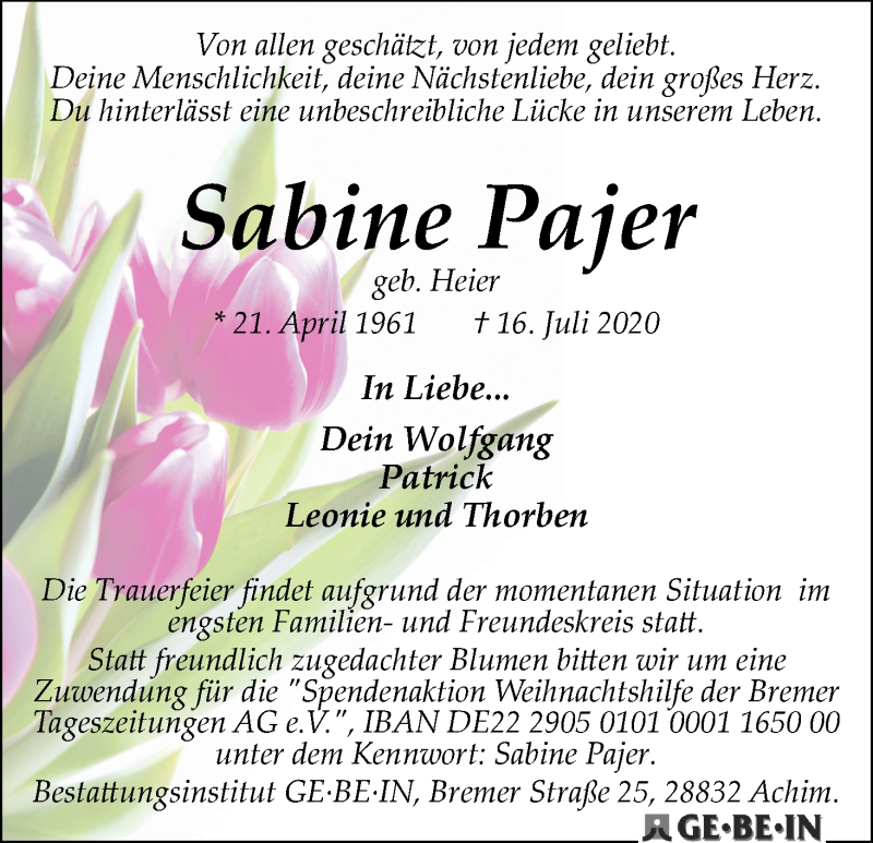  Traueranzeige für Sabine Pajer vom 25.07.2020 aus WESER-KURIER