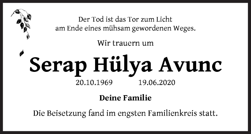  Traueranzeige für Serap Hülya Avunc vom 20.07.2020 aus WESER-KURIER