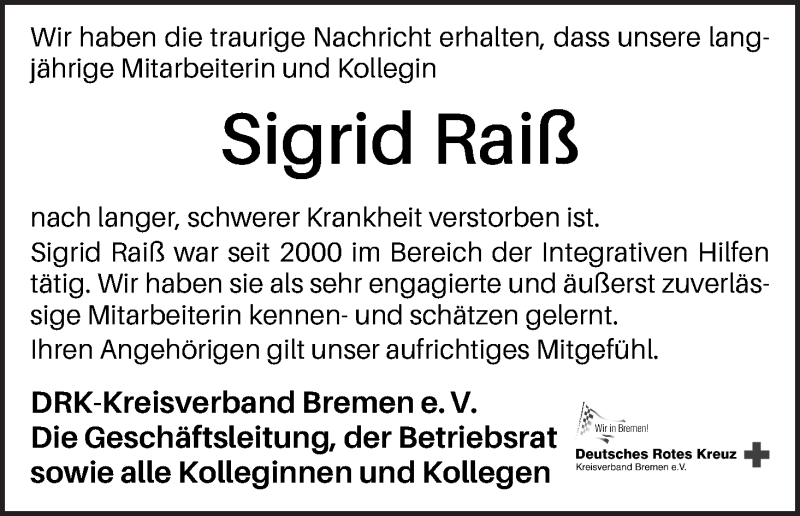  Traueranzeige für Sigrid Raiß vom 04.07.2020 aus WESER-KURIER