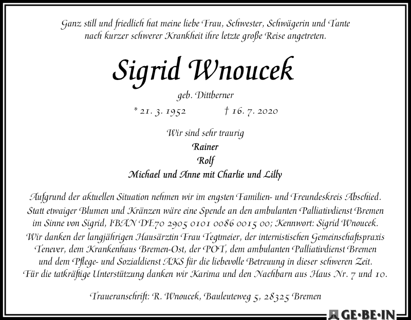 Traueranzeige von Sigrid Wnoucek von WESER-KURIER