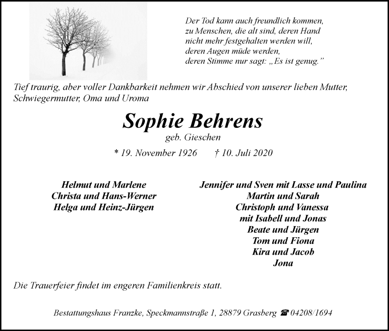 Traueranzeige von Sophie Behrens von Wuemme Zeitung