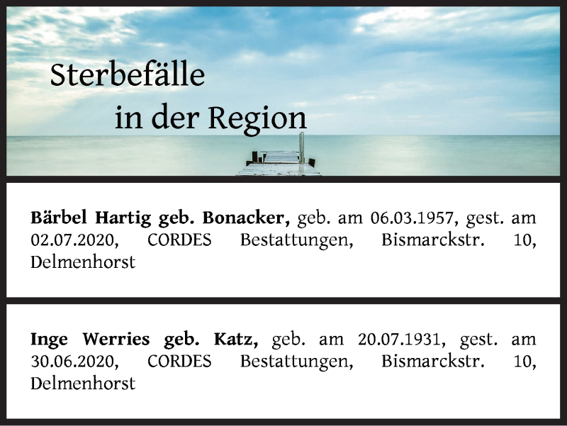 Traueranzeige von Sterbefälle in der Region Ausgabe 04.07.2020 von Delmenhorster Kurier