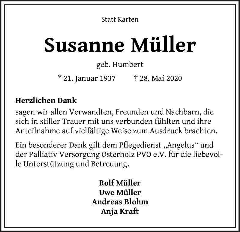 Traueranzeige von Susanne Müller von Die Norddeutsche