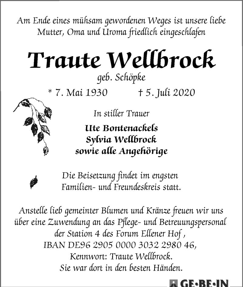 Traueranzeige von Traute Wellbrock von WESER-KURIER