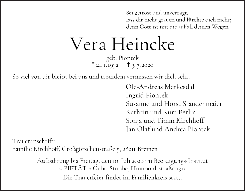 Traueranzeige von Vera Heincke von WESER-KURIER