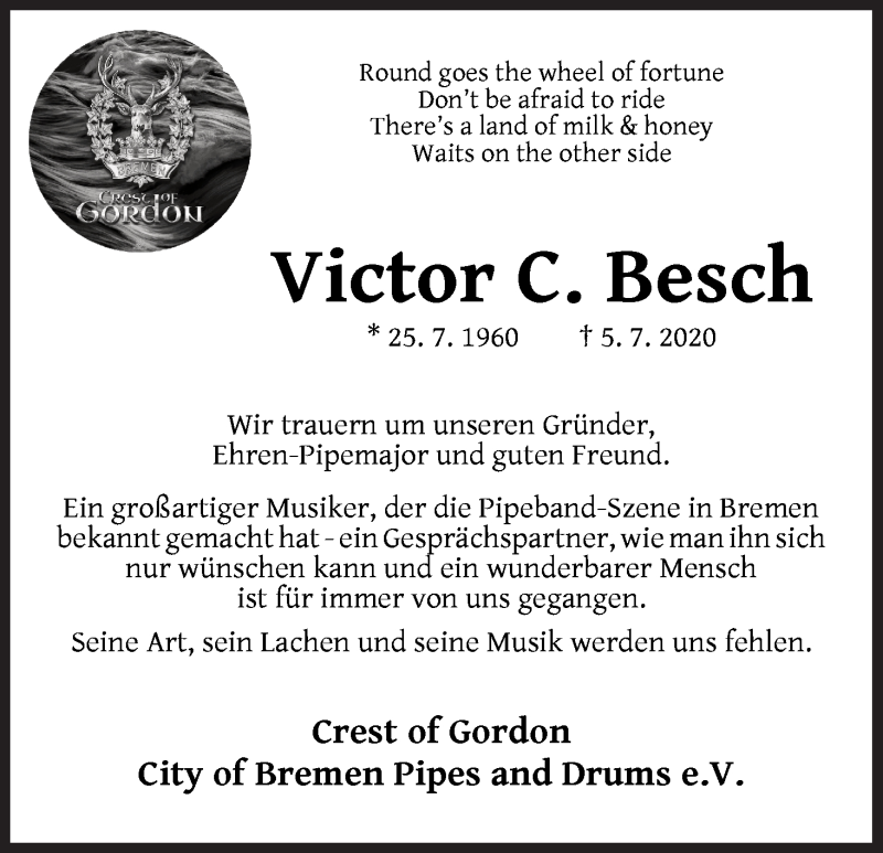  Traueranzeige für Victor Christian Besch vom 11.07.2020 aus WESER-KURIER