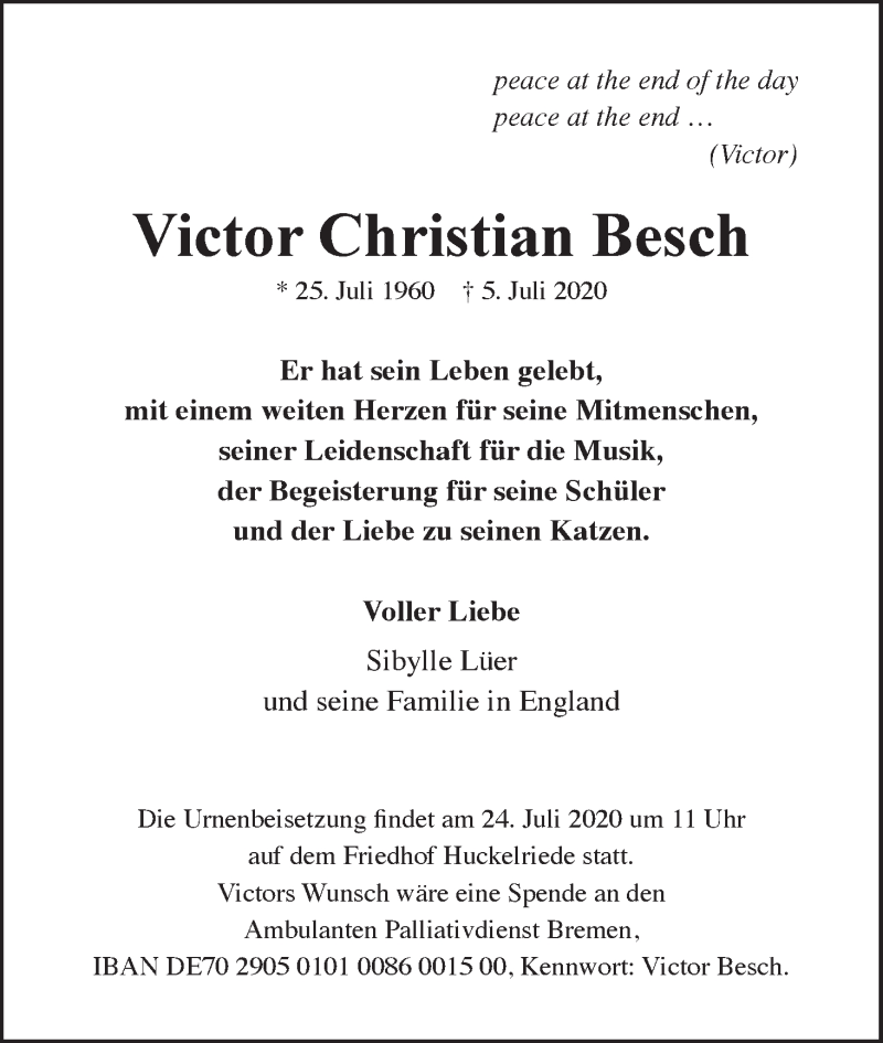  Traueranzeige für Victor Christian Besch vom 11.07.2020 aus WESER-KURIER