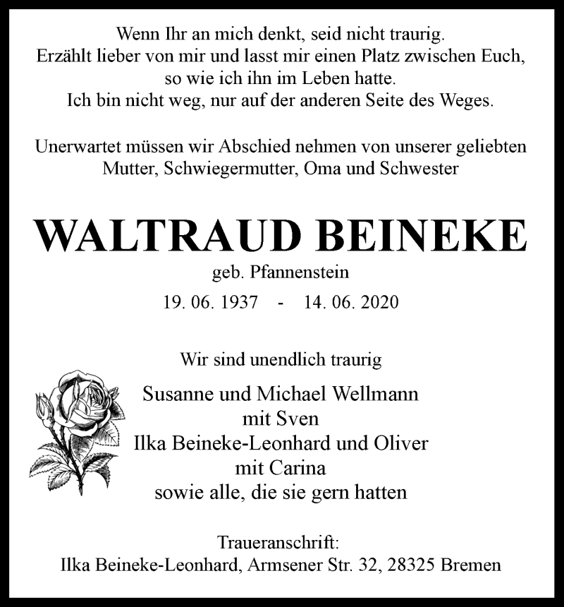 Traueranzeige von Waltraud Beineke von WESER-KURIER