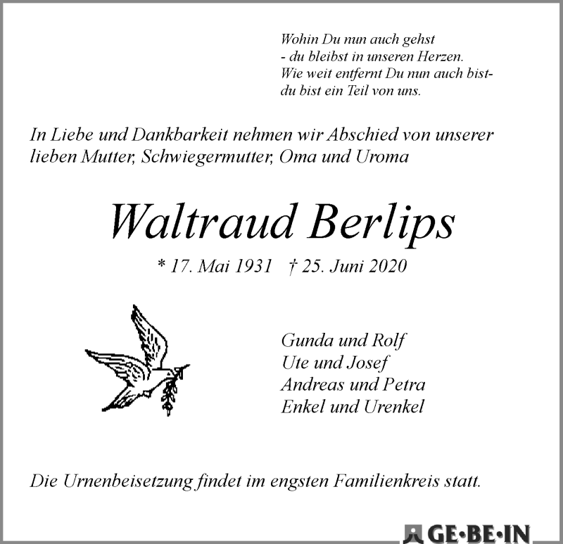  Traueranzeige für Waltraud Berlips vom 04.07.2020 aus WESER-KURIER