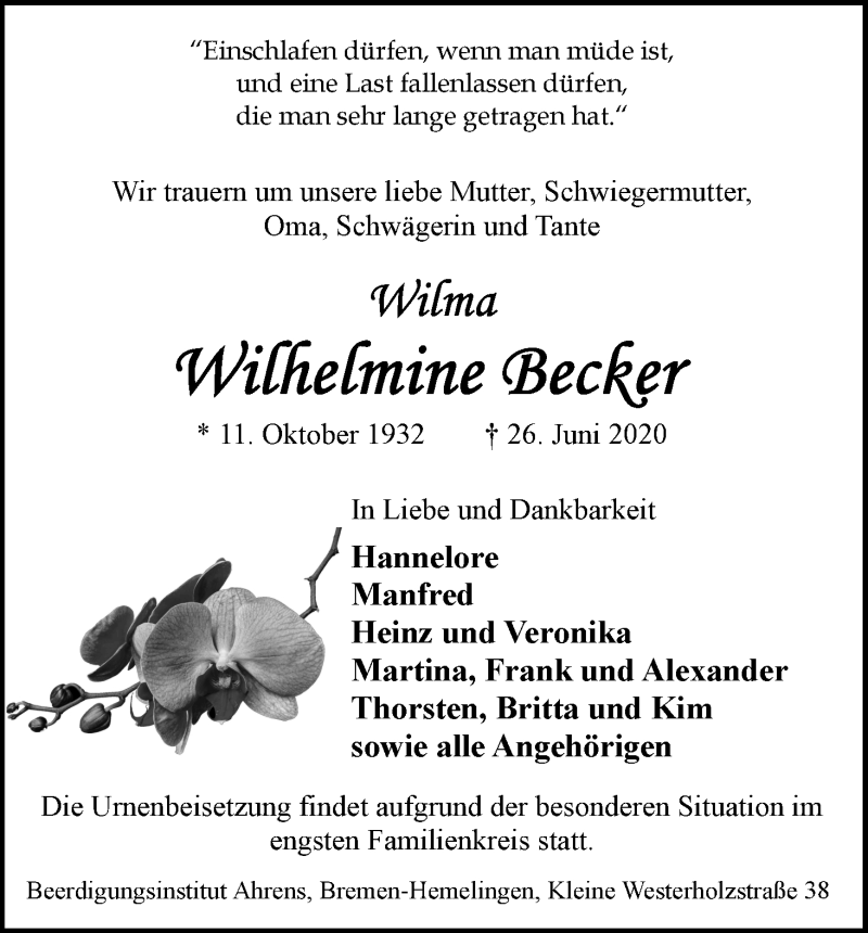 Traueranzeige von Wilma Wilhelmine Becker von WESER-KURIER