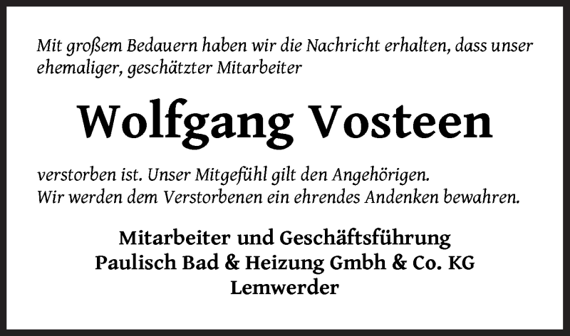 Traueranzeige für Wolfgang Vosteen vom 11.07.2020 aus Die Norddeutsche