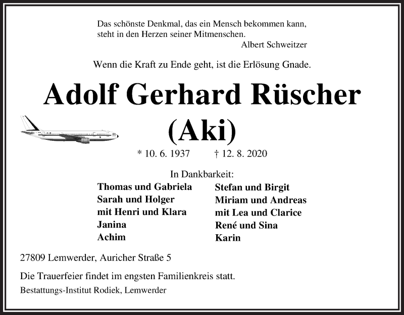  Traueranzeige für Adolf Gerhard (Aki) Rüscher vom 15.08.2020 aus Die Norddeutsche