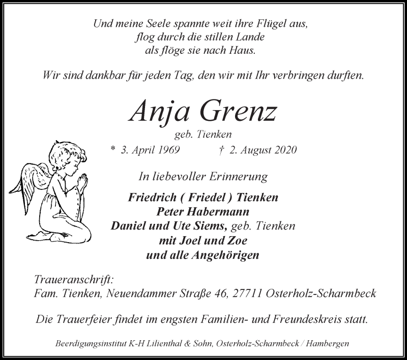  Traueranzeige für Anja Grenz vom 05.08.2020 aus Osterholzer Kreisblatt