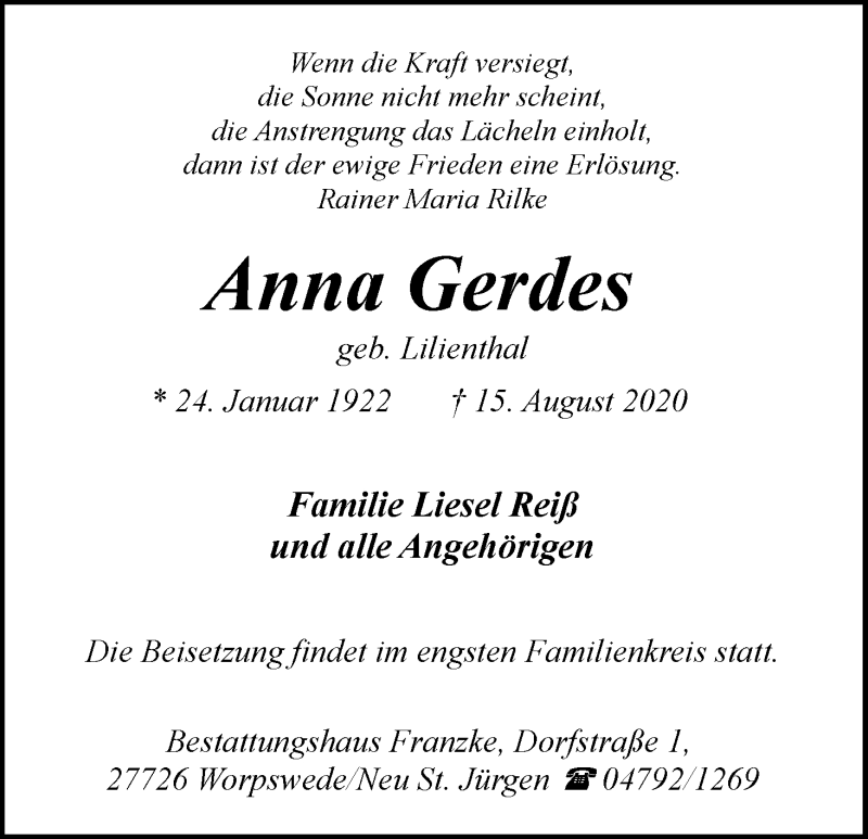 Traueranzeige von Anna Gerdes von Wuemme Zeitung