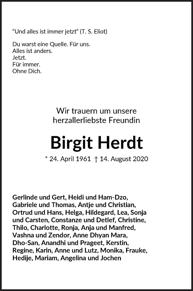  Traueranzeige für Birgit Herdt vom 22.08.2020 aus WESER-KURIER