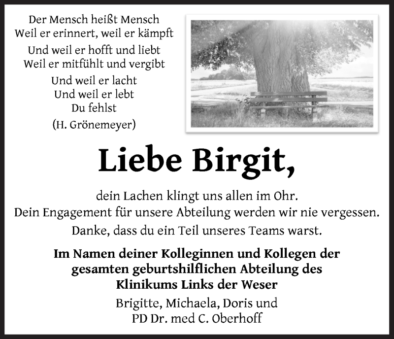  Traueranzeige für Birgit Herdt vom 22.08.2020 aus WESER-KURIER