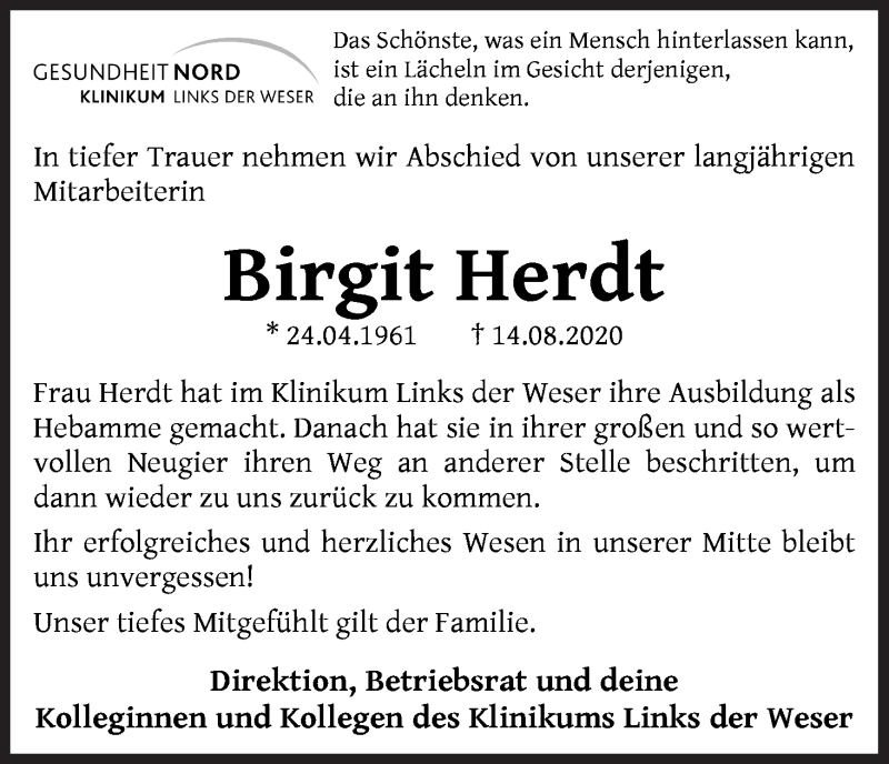  Traueranzeige für Birgit Herdt vom 22.08.2020 aus WESER-KURIER