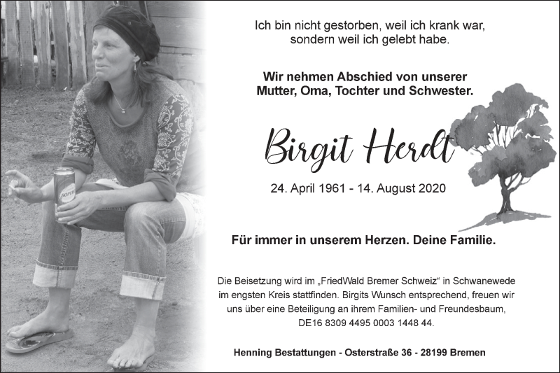  Traueranzeige für Birgit Herdt vom 22.08.2020 aus WESER-KURIER