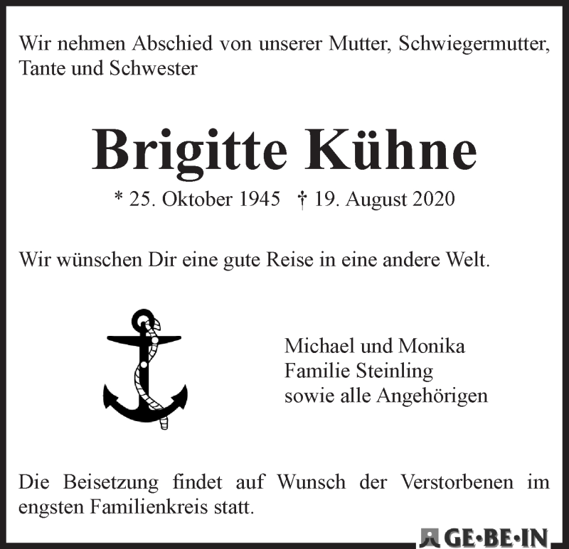 Traueranzeige von Brigitte Kühne von WESER-KURIER