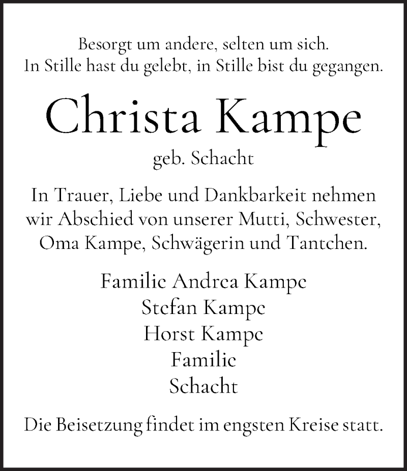  Traueranzeige für Christa Kampe vom 15.08.2020 aus WESER-KURIER