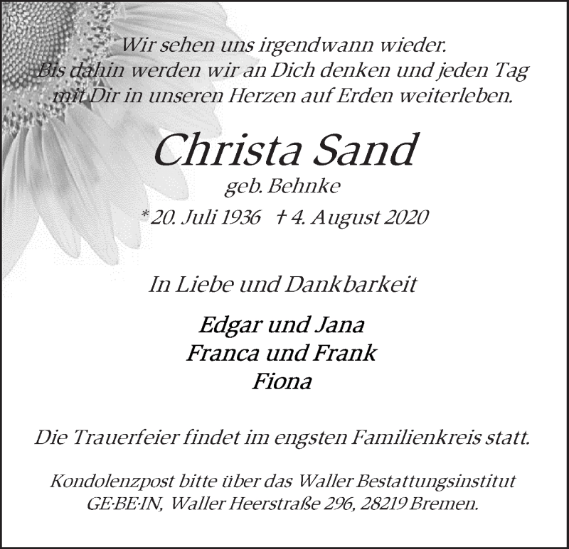  Traueranzeige für Christa Sand vom 08.08.2020 aus WESER-KURIER