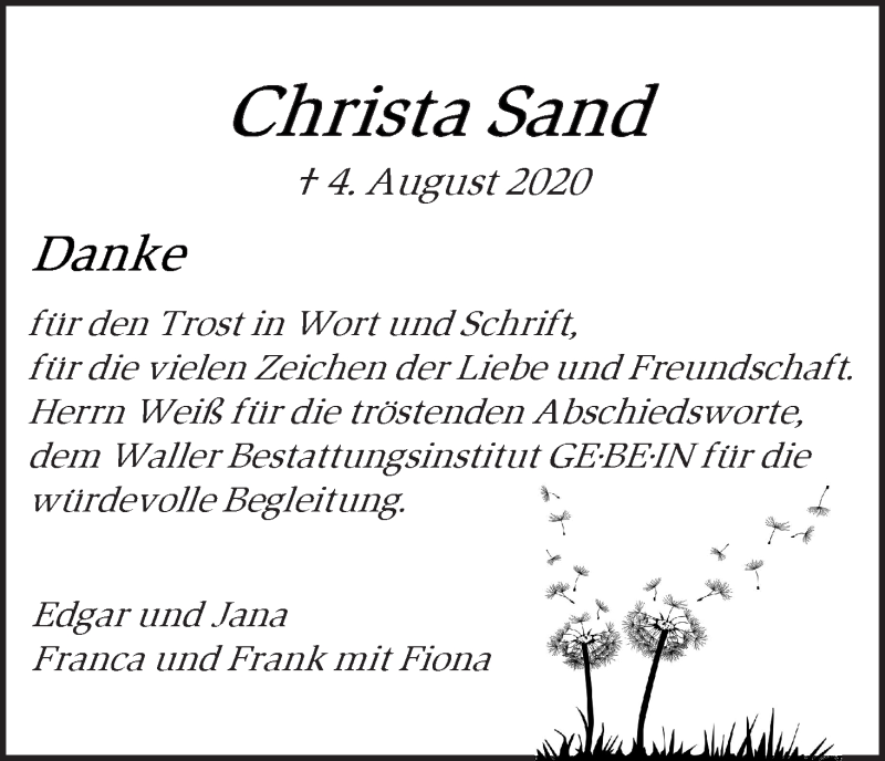  Traueranzeige für Christa Sand vom 29.08.2020 aus WESER-KURIER