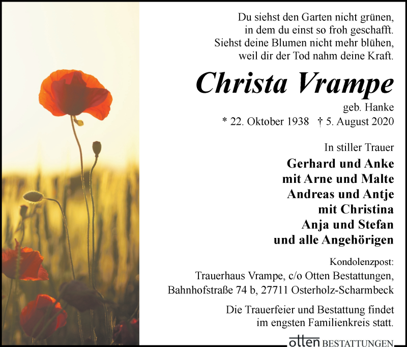 Traueranzeige von Christa Vrampe von Osterholzer Kreisblatt