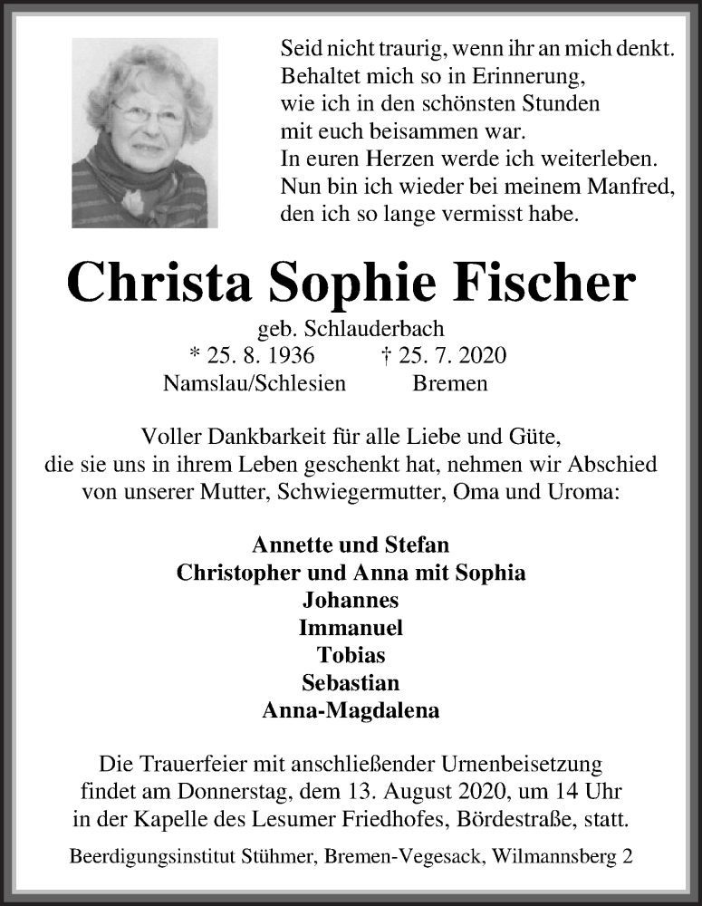 Traueranzeigen von Christa Sophie Fischer | Trauer & Gedenken