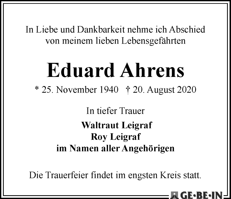 Traueranzeigen von Eduard Ahrens | Trauer & Gedenken