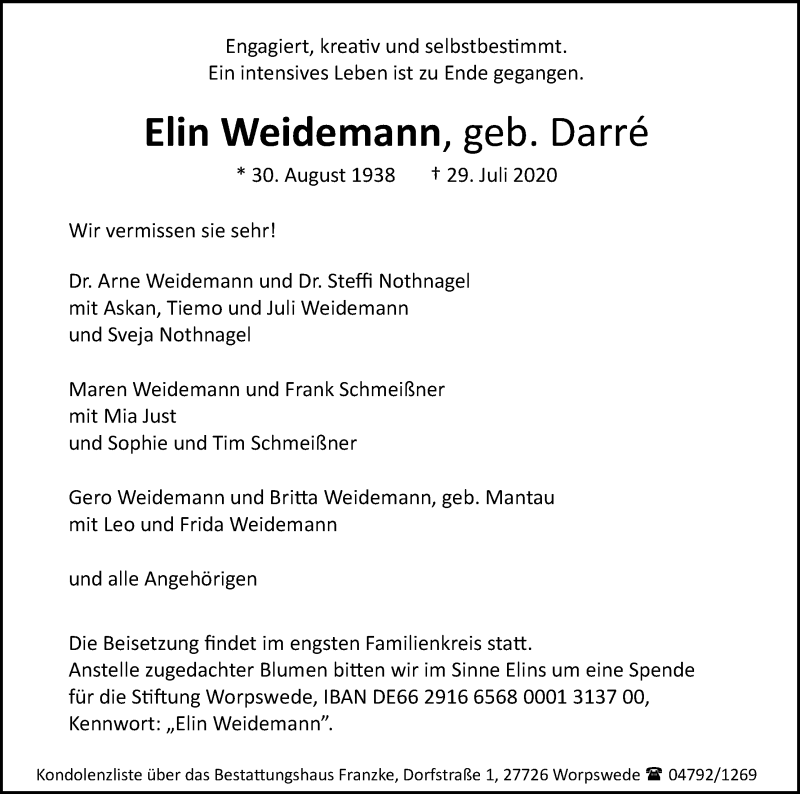  Traueranzeige für Elin Weidemann vom 01.08.2020 aus Wuemme Zeitung