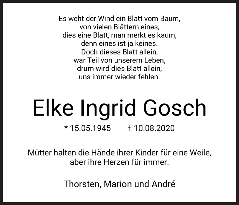  Traueranzeige für Elke Gosch vom 15.08.2020 aus WESER-KURIER