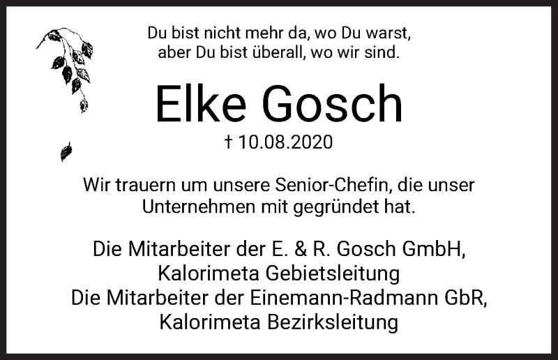  Traueranzeige für Elke Gosch vom 15.08.2020 aus WESER-KURIER