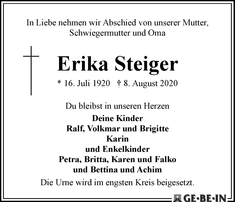 Traueranzeige von Erika Steiger von WESER-KURIER