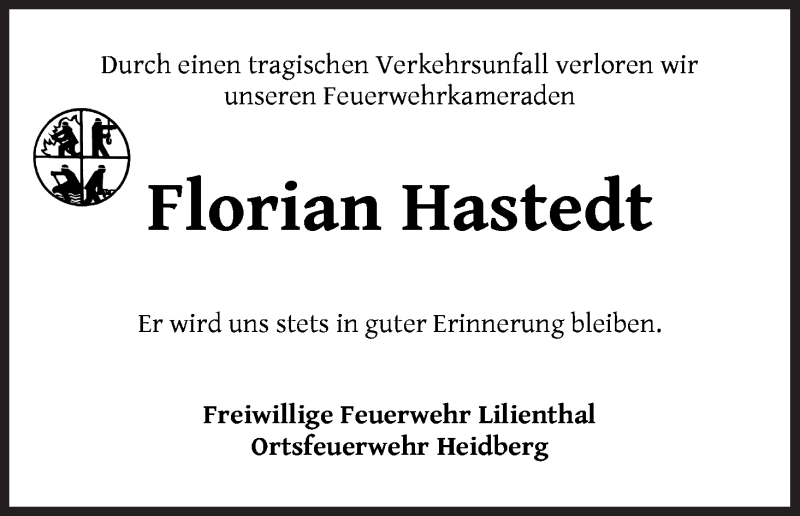  Traueranzeige für Florian Hastedt vom 05.08.2020 aus Wuemme Zeitung