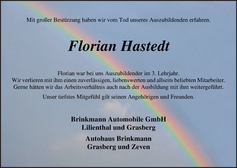  Traueranzeige für Florian Hastedt vom 01.08.2020 aus Wuemme Zeitung