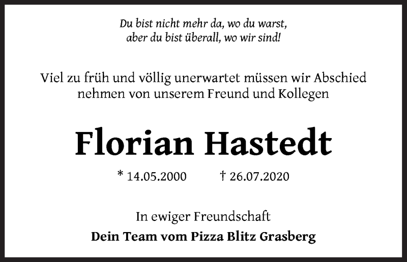  Traueranzeige für Florian Hastedt vom 01.08.2020 aus Wuemme Zeitung